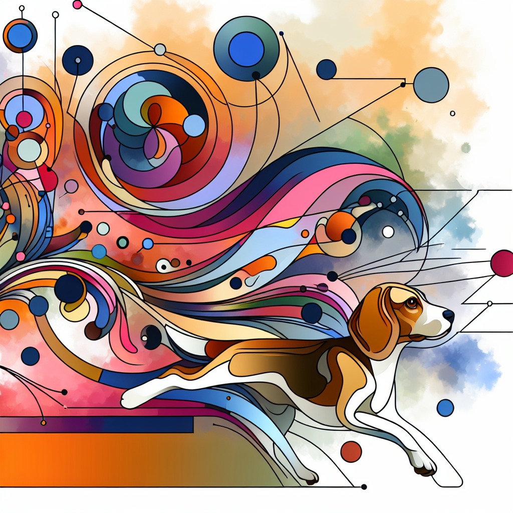 Create an abstract image incorporating the thematic elements of connectivity, sequence and logic, as well as a sense of dynamism akin to a lively beagle. The illustration should evoke an atmosphere of a spring morning, with a moderate temperature ideal for outdoor activities. Do not include any text in the image.