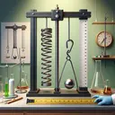 Create an image of a scientific scene involving a spring hanging vertically from a lab stand. On the spring hangs a 14.0 kg mass, stretching it to a length of 82 cm. To contrast the loaded spring, depict another standalone spring, unstretched and representing the length before any force is applied. Use a ruler or measuring tape next to the springs for reference. Remember, the image should be realistic, not cartoonish. Include lab equipment such as goggles, and gloves but make sure there are no humans in the scene.