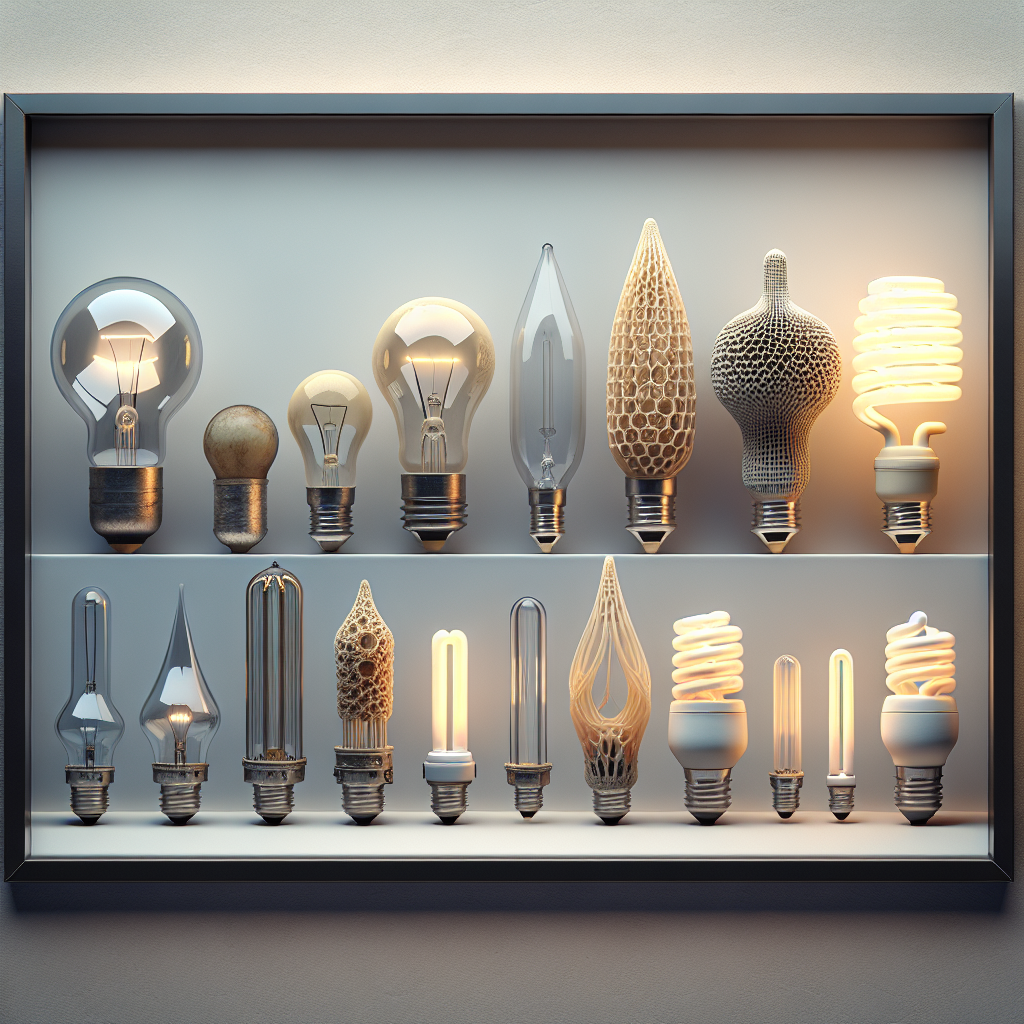 An intriguing image displaying a variety of light bulb shapes lined up in a row: an antique round bulb, a tubular bulb, a candle-shaped bulb, an irregularly shaped 3D printed bulb, and a futuristic conceptual bulb with hints of bio-material and nano-technology at work. These bulbs range from the oldest styles to modern versions and project future developments in bulb technology. The image is enclosed within a minimalist frame, showcasing the evolution of light bulb technology over the years without any text.