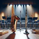 Visualize a school band environment with different musical instruments. In the center, prominently place a shiny saxophone and a sleek clarinet. The saxophone is opulent and carries the hint of a higher price, while the clarinet is more modest but still essential. Both are nestled against the backdrop of a well-lit stage with empty chairs, music stands, and scattered sheet music. The atmosphere is serene, expectant, as if waiting for a rehearsal to begin. Note: there should be no specific numbers, text, or price tags present in the scene.