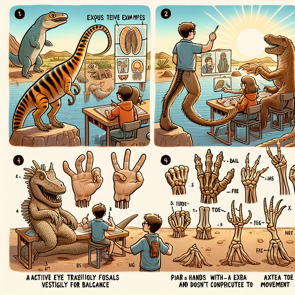 Visualize an educational and engaging scene that would supplement a biology lecture about transitional fossils and vestigial organs. Showcase the examples given: an active eye being the primary source for an organism's vision; a tail actively used for balance; a pair of hands with an extra digit each for grasping; and a toe that doesn't contribute to movement. To make it more interesting but still simple, present these examples through different creatures in a prehistoric and evolution-themed setting, all visually distinct from each other. Ensure the image does not contain any text.