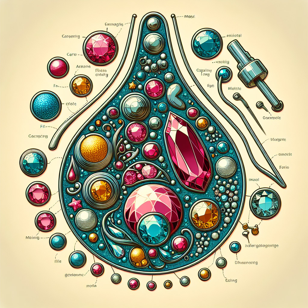 Imaginative illustration of different elements making up an 8 carat earring, presented as a heterogeneous mixture. Display the various components such as the metal, gemstones, and other materials. Separate the components to reveal their unique aspects without showing any text.