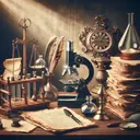 Create an image depicting a vintage scientific laboratory scenery. Include elements such as a microscope, a laboratory desk with stacks of aged papers, an ancient telescope, a quill with ink and an hourglass. Illustrate the scene in a style reminiscent of Baroque period, spotlighted under a soft light. Make sure the image contains no text.
