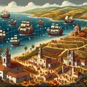 Create a detailed and attractive visual scene that portrays the historic process of Spanish colonialism in the Americas. Show various stages of this process, including exploration ships on the horizon, transformative interactions with native cultures, the establishment of missions and forts, and the growth of new cities. However, make sure not to include any text or words in the image.