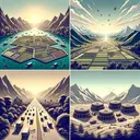 Generate an appealing image representing four iconic elements of Incan engineering. The first one is a depiction of floating gardens or 'Chinampas', surrounded by water, under a clear, sunny sky. The second element is a vast, well-constructed Incan road network passing through a mountainous landscape. The third image is a representation of the 'Ayllu System' in the form of communal farming, showing a group of people working together on a fertile land. The last element portrays large, structured food storehouses located on hilltops for optimal preservation.