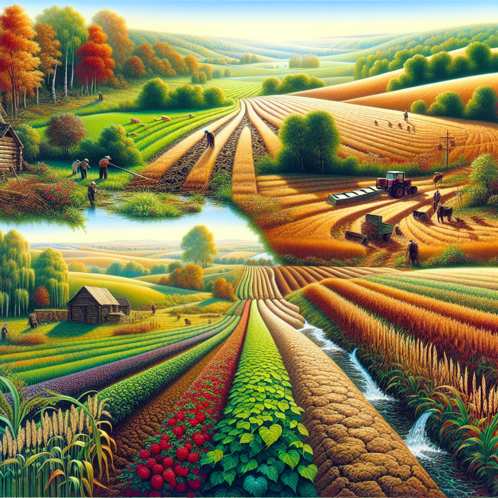 An enchanting countryside scene with fields in the rejuvenation period. One segment beautifully shows a fallow field where the soil is left undisturbed, surrounded by thriving greenery. Another part depicts a field full of ripe crops ready for harvest, while farmers are seen diligently working in the distance. Further beyond, there's a hint of newly cultivated land. A gentle stream cutting across the landscape provides hydration to the soil. The vibrant colors of fall deeply saturate the scene. Please ensure the image contains no text.