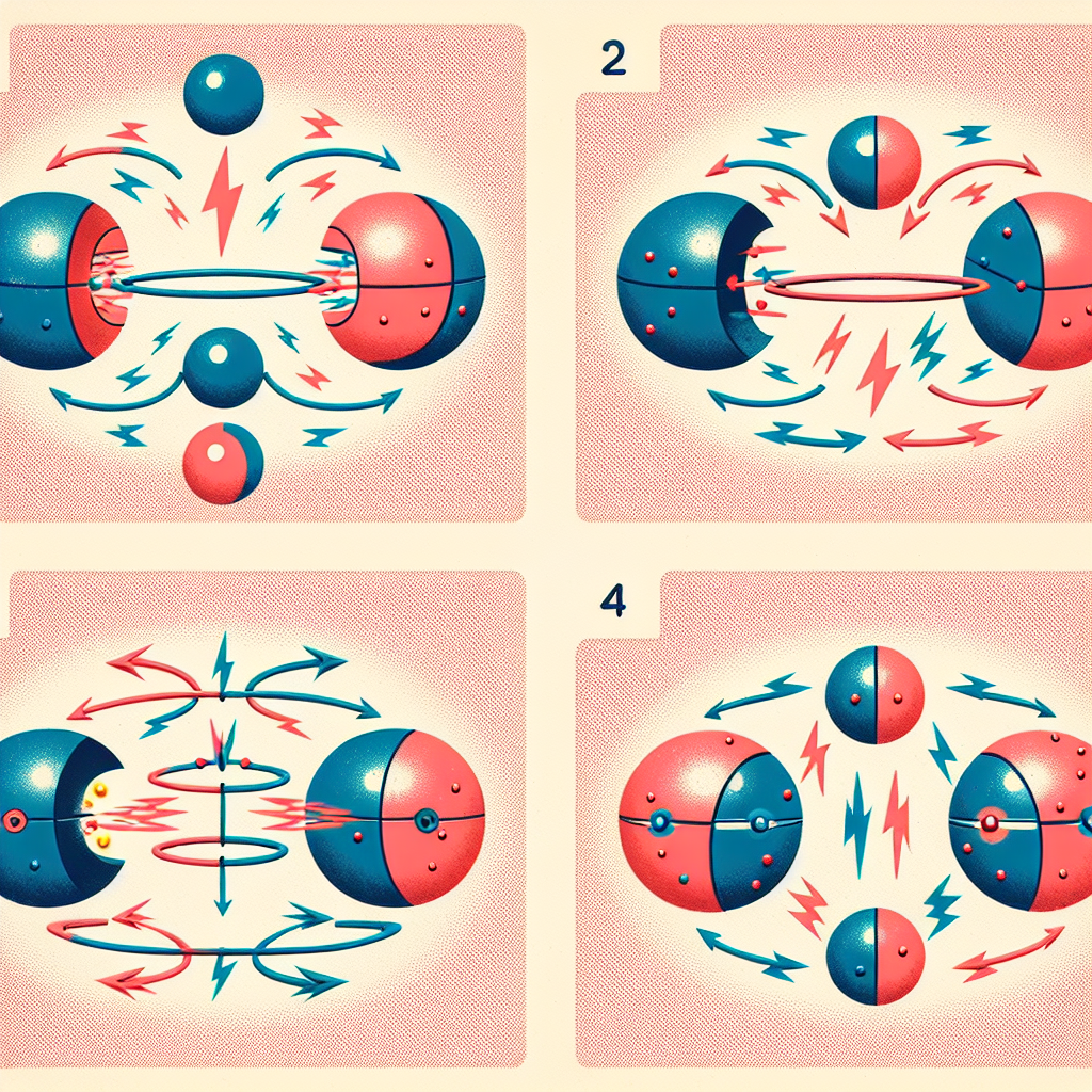 Visually represent four different scenarios in a physics context. 1) Two positive charge objects attracting each other and two negative charge objects repelling each other. 2) Two similar charge objects attracting and two different charge objects repelling each other. 3) Two positive charge objects repelling each other with two negative charge objects attracting. 4) Similar charge objects repelling each other and two different charge objects attracting.