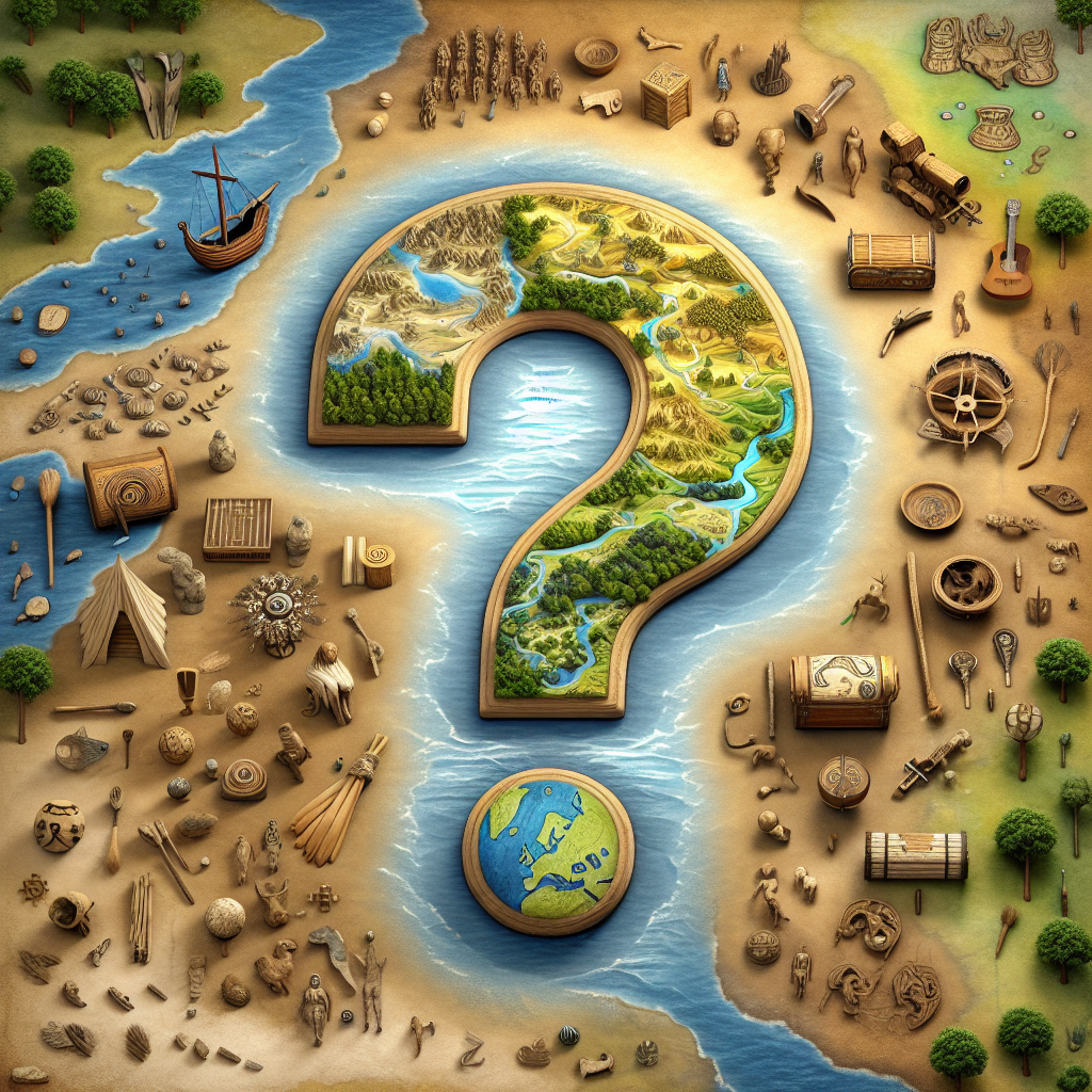 A thought-provoking scene designed to accompany a historical question without text within the image. The foreground presents a map that is subtly indicative of Europe around the 300s, with prominent geographical features like lush green landscapes symbolizing fertile soil, distinct blue rivers indicating waterways, and dotted subtle pathways suggesting the existence of trade routes. The background encapsulates the essence of a tribal period, crammed with various artifacts, like primitive tools, art, housing structures. Made sure not to visually represent any suggestions of major cities or centralized government.