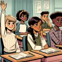 An illustration in a classroom environment. Depict four students seated at their desks. First, a Caucasian girl, Kelsey, raising her hand confidently. Second, a Hispanic girl, Dani, grimacing and tensing her shoulders. Third, an Asian girl, Marina, who is noticeably taller than her classmates. Fourth, a Black boy, Henry, with a fresh, stylish haircut. It should convey a sense of anticipation and curiosity. Ensure no texts in the image.