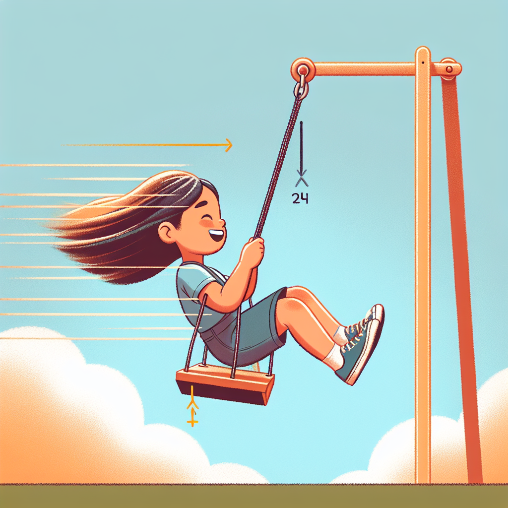 An image illustrating a physics concept. It shows a Southeast Asian girl at the peak of her swing in the playground. She's depicted at the exact moment she's reached the highest point and is about to start descending. She's outdoors: there's a blue sky with fluffy clouds in the background. The swing she's on is a traditional swing set with two chains connecting to a wooden seat. She looks happy, with her hair flowing in the wind. Please make sure there's no text in the image.
