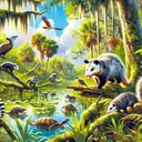 Illustrate a natural scene from the Everglades displaying specific animals that might be involved in the ecosystem. The focus is to create suspense, by showing diverse animals susch as birds, reptiles and mammals, but make sure not to identify the responsible animal for the opossum population drop. Capture the beauty and wild of the Everglades, use vibrant colors to depict the lush vegetation and water, under a bright, sunny afternoon.