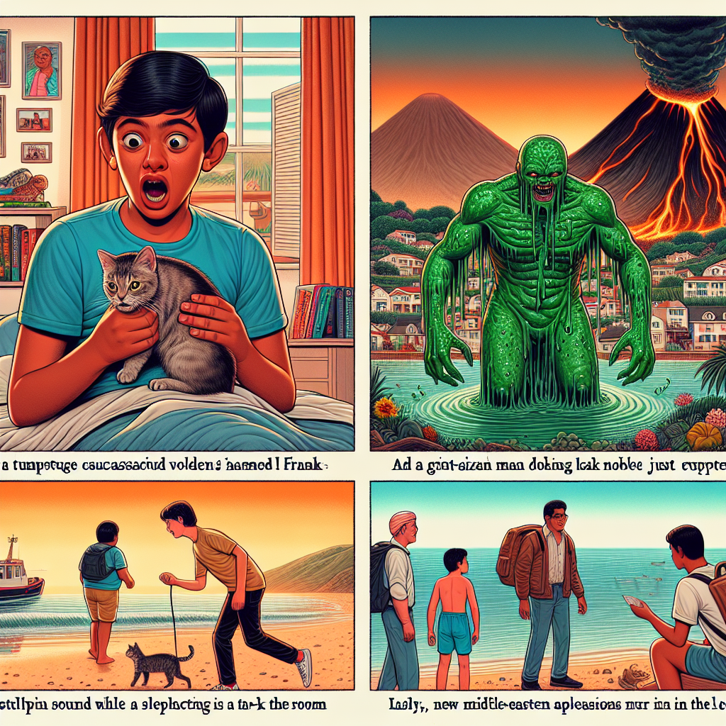 Visualize a tumultuous scene where a young, Caucasian boy named Frank is standing in shock in his bedroom, in front of a homemade model volcano that has just erupted, splattering a substance that mimics lava all over the room. Also depict a giant-sized South Asian man leisurely strolling down a beach during sunset carrying a domestic cat on a leash. Insert in the same setting, a slimy, green monster with humanoid figure, making a slurping sound while it walks along a river, its reflection is shown in the river water as well. Lastly, depict a young, Hispanic girl, named Noelle, sitting alone in a school cafeteria looking shy, and a new middle-Eastern boy approaches her to initiate a conversation.