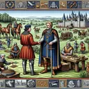 Create a detailed and historic image depicting a classic feudal scene during the Middle Ages in Western Europe. A lord, who is a Caucasian man dressed in regal period-appropriate attire, is generously offering his vassal, a South Asian male in modest armor, a piece of symbolic representative land. Framing this interaction should be a sprawling estate filled with various elements of daily feudal life such as peasant workers in the fields, stone castles, horses, a blacksmith's forge, and a distant forest. Make sure to design details vividly to set the historic context while ensuring there is no text in the image.