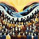 Illustrate an abstraction of social reform movements from the 1800s. Depict an assembly of diverse assortment of people, showcasing both males and females, with a balanced display of different descents like Hispanic, Black, Caucasian, Middle-Eastern, and South Asian. To represent the movement's influence, generate an element of change, such as a wave, or light breaking through darkness. Keep the image without any inscribed text.