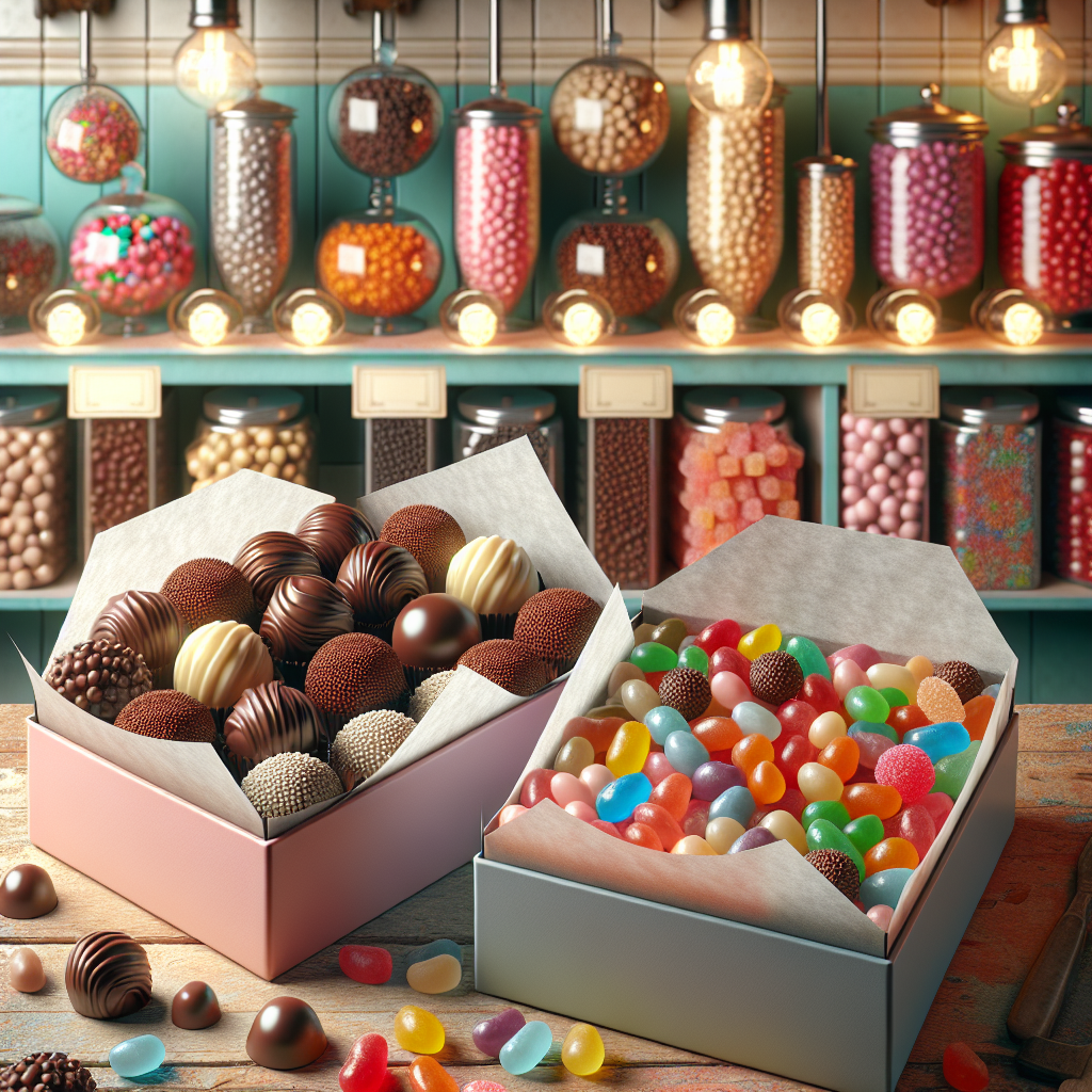 An image featuring an assortment of two types of candies that are distinctly different: truffles and jellybeans. Display the candies as if they are prepared for sale in two different boxes, one box containing glossy, round truffles, and another box filled with colorful, small jellybeans. The boxes are placed neatly on a wooden counter. Imagine this in a charming candy shop setting, lights illuminating the colorful candies, with a background of vintage candy-making tools adorning the pastel walls. Do not include any text or numbers in the image.