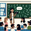 Illustrate a classroom scene in an educational setting. There's a Caucasian female teacher standing in front of a blackboard, holding a book about grammar and punctuation. The blackboard is filled with various punctuation symbols including commas, periods, semicolons, and quotation marks. There are students of diverse descents: an Asian girl, a Black boy, a Hispanic boy, and a Middle-Eastern girl. The students are engaged in a discussion, symbolising dialogue. Be sure to keep the image textless.
