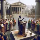 Create an image reflecting a scene from Ancient Rome that shows their concerns about governmental officials accumulating excessive authority. This should include a crowd of Roman citizens of varying descents such as Caucasian and Middle-Eastern, both men and women, gathered around a stage for a public debate. In the center, a male Roman Senator, of Black descent, should be emphatically gesturing during his speech. Off to the side, there should be a prominent display of the Roman code of laws, represented as a stone tablet. The setting should be a typical Roman forum, with characteristic stone buildings, columns, and statues in the background.