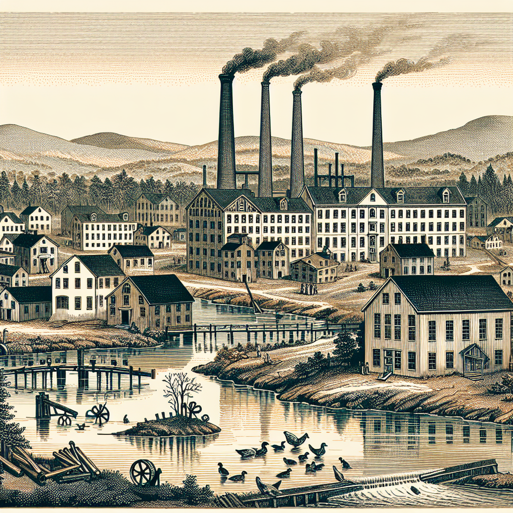 Create a detailed image depicting the early illustrations of the factory town of Lowell. This scene should include buildings of the town possibly including the factory, surrounding landscapes like rivers, canals, and woods. Use color tones that were commonly used during the 19th century. The image should not contain any text and not draw any conclusions.