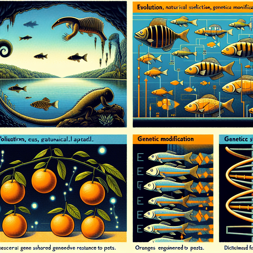 Design an eclectic and intriguing scientific image that encapsulates the themes of evolution, natural selection, genetic drift, and genetic modification. The scene should include illustrative symbols such as a creature with a gradually shortening tail, depictions of different fish species in an underground lake dichotomized by lighting, oranges engineered with resistance to pests, and the conceptual representation of a shared advantageous gene evolving over generations. Please remember to not include any textual elements in the image.