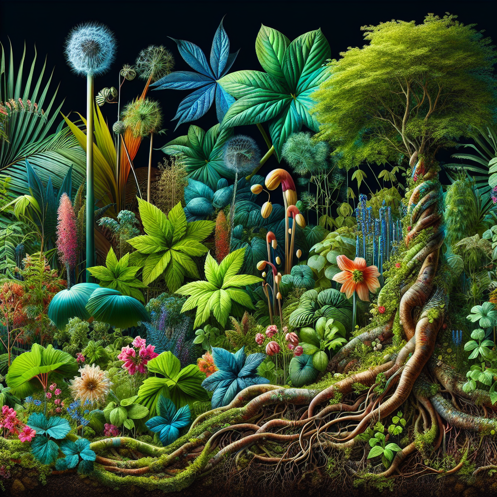 Create a striking, vivid, and strikingly colored image of a lush garden filled with diverse plant species ranging from tall trees, flowering shrubs, to creeping ground covers. Among these plants, showcase some showing the process of reproduction where the offspring grow from the stem and root, such as a plant with a young shoot branching out from its thick stem and another one with small budding plants emerging directly from the roots. However, make sure the image contains no text.