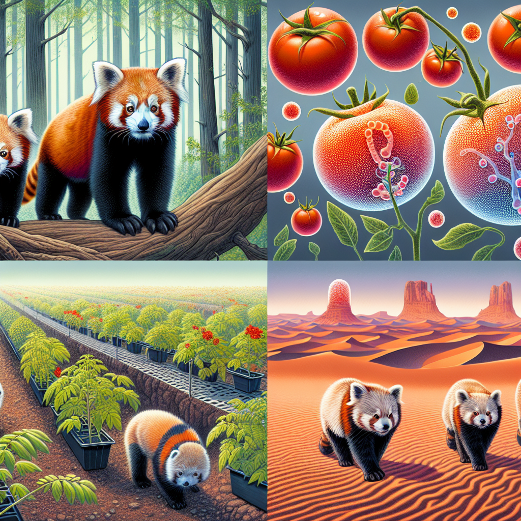 Visualize a diverse scene capturing the essence of the following subjects: red pandas in a forest, showcasing varying patterns and sizes suggesting genetic diversity and adaptation to deforestation; tomato plants under different light conditions implying experimental factors; cells showing regular and sickle shapes indicating a genetic mutation story; a desert landscape, unchanged for millennia, portraying a lack of evolutionary changes. No captions or text should be present within the image. Please maintain a balance among all subjects in the composition.