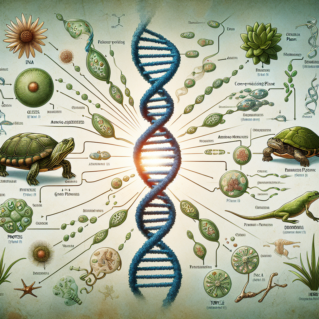 Visualize a science-themed image illustrating the concept of DNA, proteins, and amino acids in terms of evolutionary relationships. Show the DNA as double helix structure located centrally in the image, with amino acids linking to form proteins around it. To represent the evolutionary relations, depict a phylogenetic tree in the background indicating diverse species, including a flowering plant, cone-producing plant, green algae, turtles, frogs, humans, and another abstract species labelled as 'Species 1'. Avoid any text in the image and focus on the symbolic representation of these biological concepts.