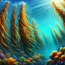 Create a picturesque underwater scene featuring many strands of giant kelp, which are known for their enormous growth up to 60 meters. Show their thick, rope-like appearance, and emphasize their vertical growth by depicting the kelp stretching from the ocean floor towards the surface. Include a diverse range of vibrant marine life co-existing harmoniously with the kelp forest. Ensure that the image does not include any text or symbols.
