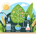 Create an illustrative image of a photosynthesis process happening inside a plant. Show elements like sunlight, water, and carbon dioxide being absorbed by the plant, converting to glucose and oxygen as a product, keeping in mind that the image should contain no text.