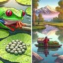 Create a serene setting with a swamp environment where a green tree frog with distinct red eyes gazes at a clutch of eggs nestled on a leaf. Around the environment, faint vibrations are subtly visible in small ripples across the water beneath the leaf. Along with this, please illustrate a scenic view of a high-altitude Tibetan landscape, where a local Tibetan individual is seen carrying a heavy load easily. The thin and clean air of the high-altitude environment should be palpable, with snow-capped mountain peaks in the background. Do not have any textual content in the image.