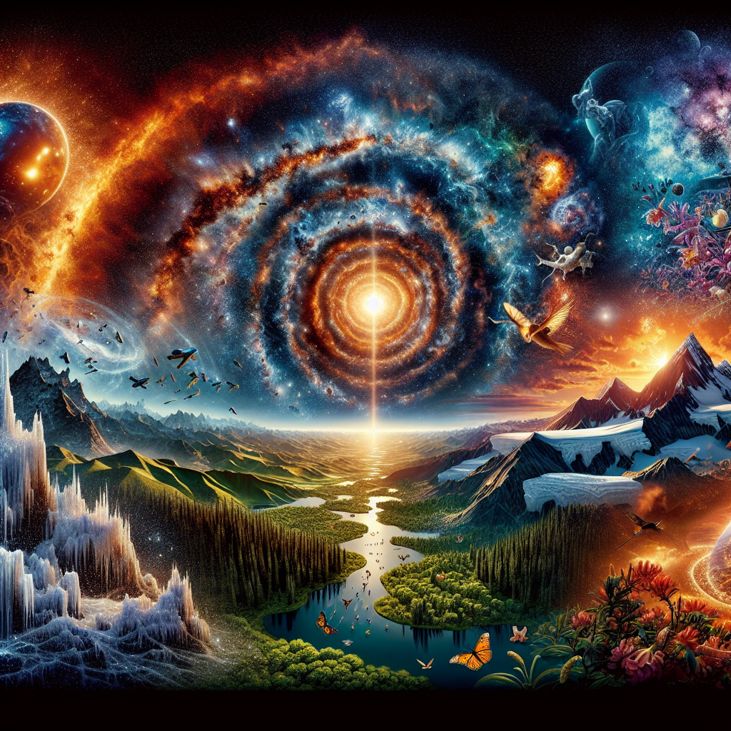 Display an image showing the universe as it transitions from the chaotic aftermath of the Big Bang to a state of exquisite design and complexity. Start the transition with a fiery burst representing the inception of the universe before it diffuses into a vast array of galaxies and celestial bodies. Transition further to focus on Planet Earth, showing its diverse landscapes with lush green forests, meandering rivers, ice-capped mountains, and expansive deserts. Lastly, zoom in on a detailed scene from nature such as a close-up of a blooming flower, a butterfly resting on a leaf, or a hummingbird sipping nectar, representing the intricacy present in nature.