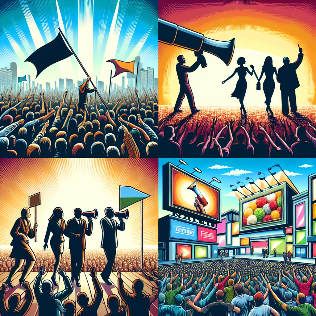 Create an image which symbolises propaganda without using any text. Picture four different scenes, each corresponding to the different definitions: 1 - A throng of people eagerly following an unfurled banner, representing a popular cause gaining followers. 2 - A silhouetted figure holding a product, their charismatic aura drawing the attention of nearby onlookers representing celebrity endorsement. 3 - A large media screen in a populated cityscape, projecting influential content and subtly shifting the opinions of the city dwellers. 4 - A brightly coloured billboard with cheerful imagery to depict an advertisement aiming to evoke positive emotions.