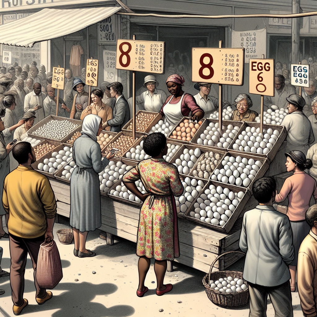 Visualize an open air market scene during daylight. A crowded bustle of shoppers in the foreground, with a woman of Black descent, running a stand filled to the brim with fresh eggs. Each egg has a price tag of 8 marked on it. Across the street, there's another vendor of white descent who sells eggs by the dozen, advertising a price of 60 for a carton. They are displaying a large board with a dozen eggs inside a carton, showcasing their products to the passers-by. A few shoppers are gathered around both stalls, some of them holding coins and looking at the eggs.
