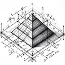 A detailed diagram of a pyramid with a square base. The pyramid should be placed on a coordinate grid system for added clarity. To visually demonstrate the measurements of the pyramid, the sides of the base should be clearly labelled as 7.8 cm. The height of the pyramid, from the vertex to the center of the base, should also be accurately indicated as 9.3 cm. The slant edge should be highlighted with a different color and its length left uncalculated. Additional arrows and markers should be used to further clarify the different dimensions and aspects of the pyramid.