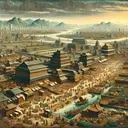 Generate a detailed and visually appealing image representing the major economic developments of the Tang (618–907) and Song (960–1279) dynasties of China. The image should focus on key aspects such as advancements in agriculture, technology, and trade. Depict a bustling city scene showing thriving markets, modern infrastructure of the era, and people engaged in various occupations such as farming, crafting, and trading. Also, depict a majestic landscape showing rich farmlands, rivers for navigation, and vast trade routes. Please ensure that the image contains no text.