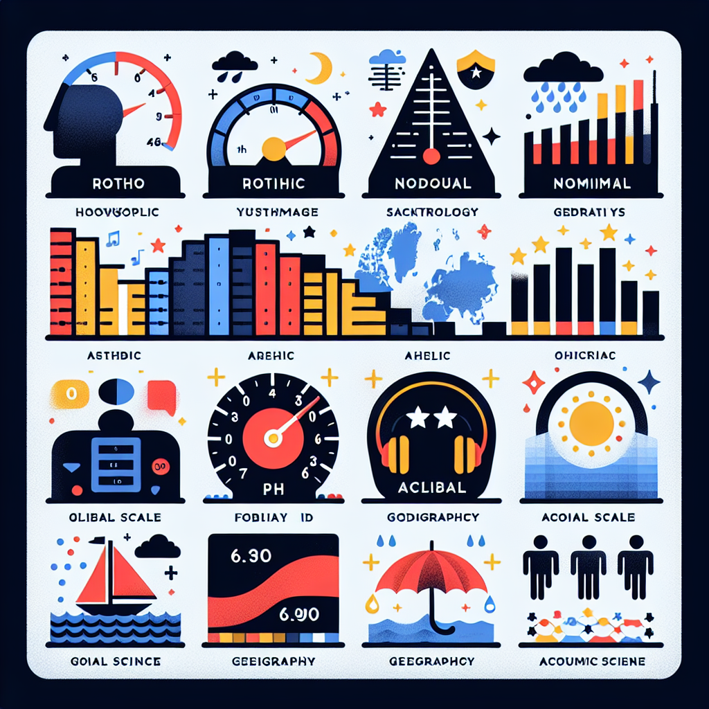 Create an engaging image illustrating different measurement scales without including any text. Use diverse iconography that represents various fields such as meteorology, athletics, geography, and acoustic science. For instance, to denote ratio scales, you could depict a simplistic horsepower gauge or a fluid pH strip. An ordinal scale could be shown through different weather signages or through a set of rating stars. A race bib could symbolize nominal scales, while a list of global countries ranked from richest to poorest could be used to designate an ordinal scale.