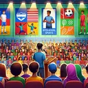 Illustrate an indoor auditorium filled with diverse students of various descents such as Caucasian, Hispanic, Black, Middle-Eastern, South Asian. The audience is attentively listening to a South Asian male speaker on the stage, next to a large poster showcasing different inter-school sports like soccer, basketball, and chess. The atmosphere in the auditorium is dynamic, radiating warmth, friendship, and unity. The overall mood is positive with bright colors illuminating the surroundings.