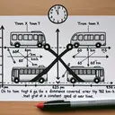 Create a detailed image of a distance-time graph for two scenarios. One depicts a bus leaving from town X to town Y, starting at 2pm with a constant speed of 64 km/h. The other relates to a bus moving from town Y to town X at the same time, traveling at a constant speed of 60 km/h. Add two straight lines symbolizing the distance covered over time by each bus, with the understanding that the entire distance between the two towns is 186 km. Ensure an intersection point where the buses pass each other, except there should be no text or numbers in the image.