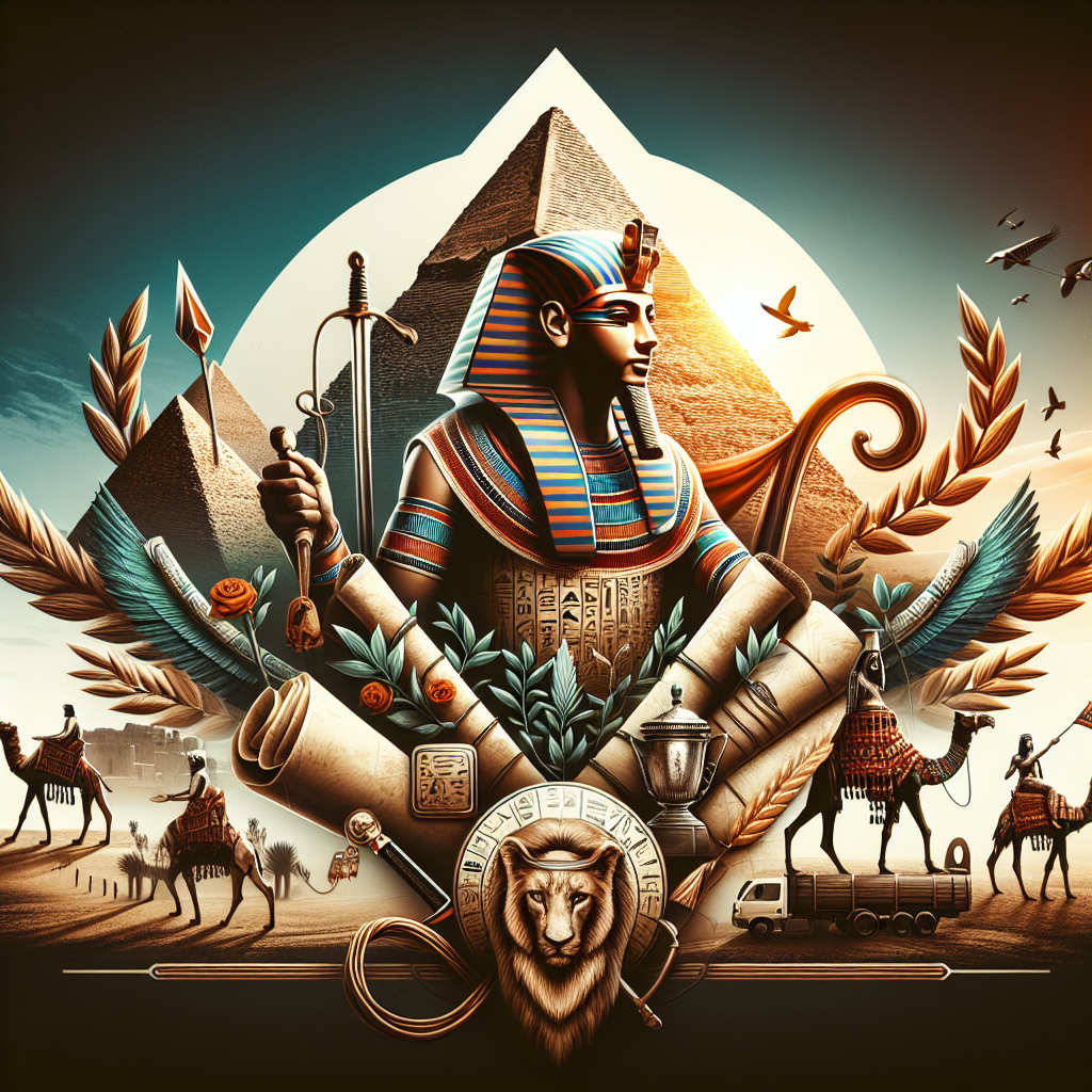 Create an intriguing image representing the ancient Egyptian epoch with a prominent depiction of the pyramids, and a powerful, unidentified pharaoh who is traditionally dressed. Also incorporate elements of accomplished deeds, such as a scroll to symbolize literature, a sword intertwined with laurels for victories in battles, a territory map in the backdrop to signify territorial expansion, and a caravan of camels carrying trade goods representing trade routes. Make sure there's no text in the image.