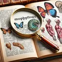 A captivating, educational image showing the concept of morphology. Display an open dictionary with the word 'morphology' being pointed out by an antique magnifying glass. Alongside this, feature separate illustrations of real-world morphological changes such as a butterfly undergoing metamorphosis, anatomical changes in human beings from infancy to adulthood, and the alteration of river course over time due to erosion and sedimentation.