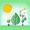 Illustrate an image representing the process of photosynthesis. It should depict the sun emitting rays of light that are absorbed by green leaf-shaped objects. One section of the image should depict a symbolic representation of the chemical reactions happening inside the leaves using simple shapes and colors. Remember, the image should be free of any text.