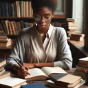 Represent an image of a person sitting at a wooden desk in a quiet, studious environment filled with books and stationery. The person, a Black woman wearing a smart casual outfit with glasses on, is seen reading a thick book with clear focus, a pen in her hand, and several other books and papers scattered around her on the desk. The setting indicates an air of concentration and intellectual curiosity, but no explicit text is included in the image.
