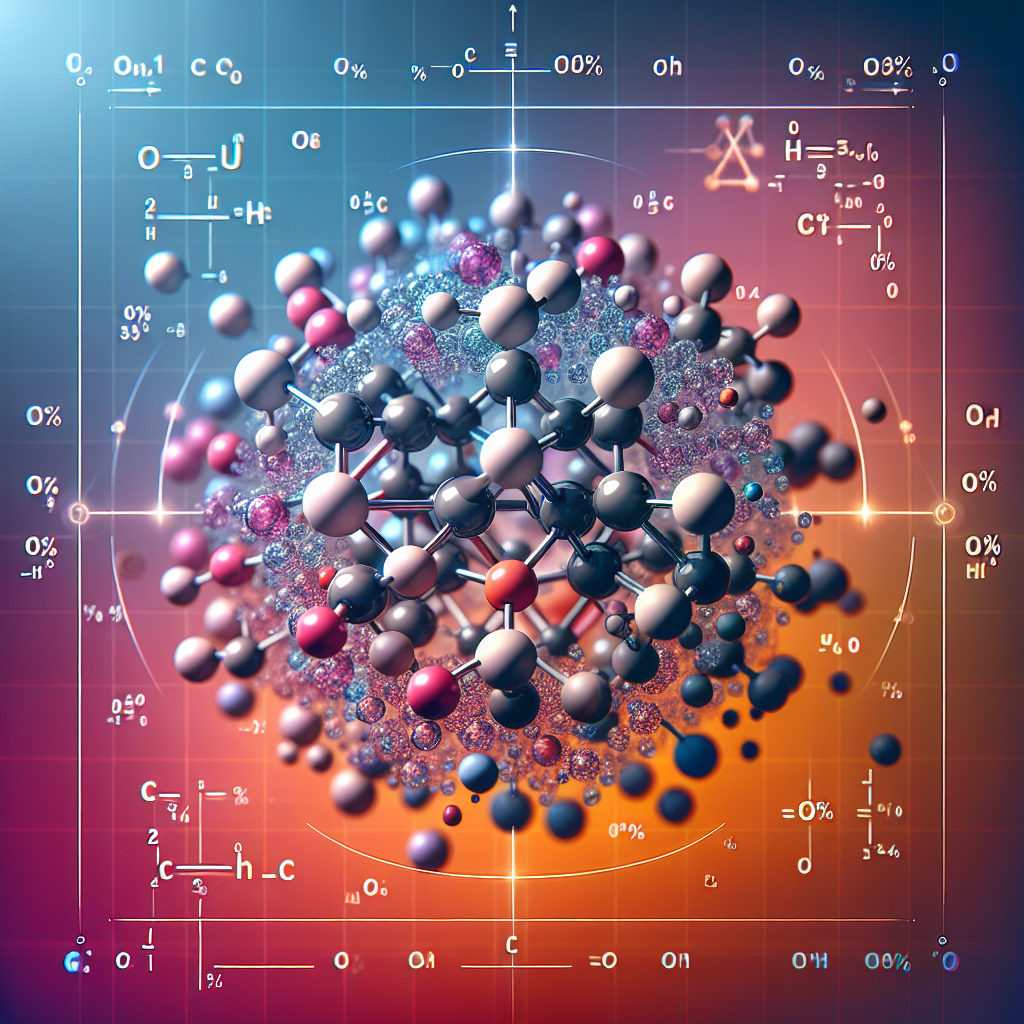 Create an image showing a close-up of ethanedioic acid crystals, symbolically represented by tiny spheres connected by thin rods to represent the molecular structure of the C2H2O4.2H2O. There's a subliminal emphasis on the carbon atoms, represented by larger or differently colored spheres. The backdrop is a gradient of colors portraying a mathematical calculation theme suggesting the process of calculating percentages. The image does not contain any text.