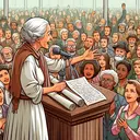 Illustrate an old female activist who is speaking passionately to a large, diverse crowd. She is standing on a wooden podium, holding scrolls that symbolize written laws, and she appears eager to collaborate with others as she extends her other hand invitingly to the audience. The crowd, composed of both men and women of diverse descents like Caucasian, Hispanic, Black, Middle-Eastern, South Asian, and White, with each represented equally, is attentively listening to her. Focus on creating an atmosphere of unity and progress. There are no texts in the scene.
