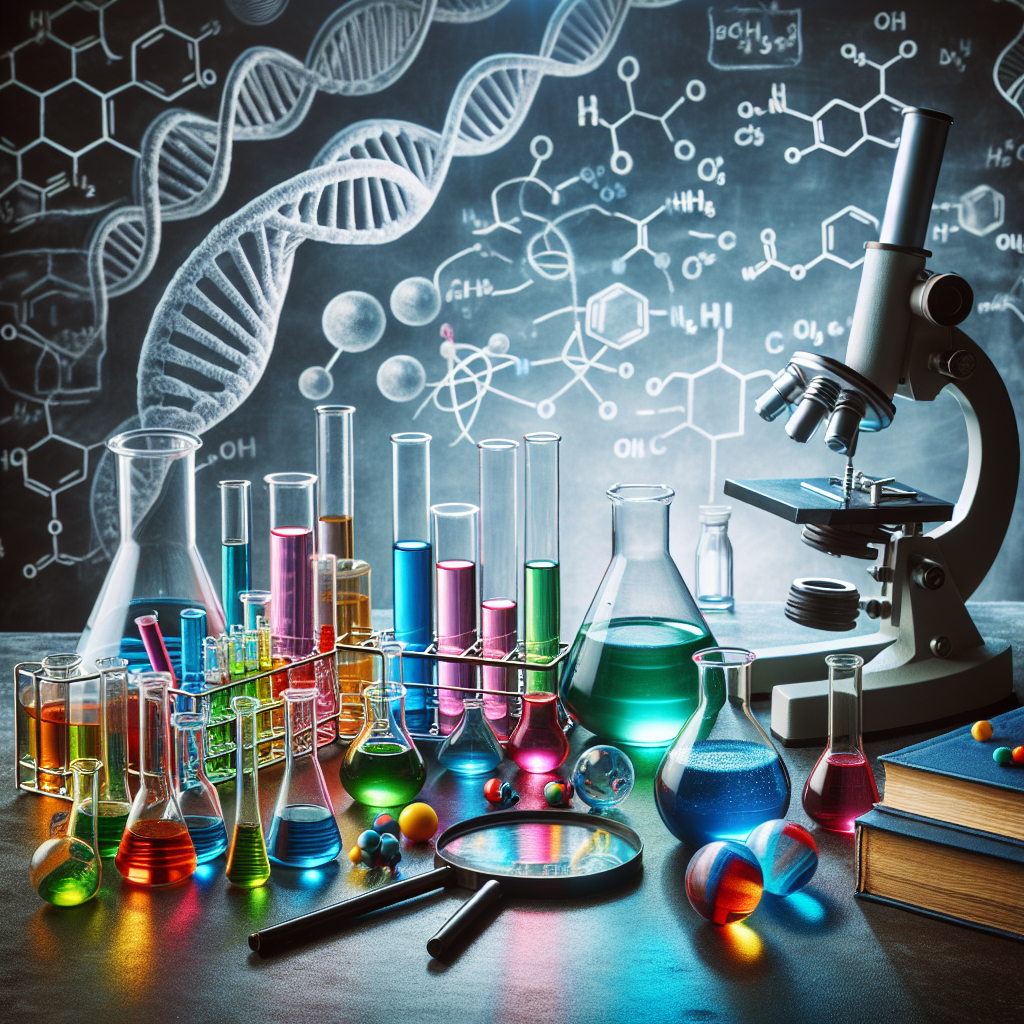 Generating an appealing image related to chemistry as a subject. The visual can be composed of a variety of chemistry-related items such as a lab with vials containing rainbow-colored substances, glassware demonstrating different chemical reactions, a microscope, a DNA strand, chemical structures drawn on a blackboard, atomic models, and a pair of safety goggles. The ambiance can reflect intense study preparation, symbolizing the rigorous nature of a chemistry semester exam. However, there should be no text present in the image.