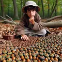 Picture a young boy named Philip, of Middle-Eastern descent and wearing a cloth hat, in the middle of a deciduous forest floor. He is crouched next to a large pile of acorns displaying various characteristics - some bear their tops, while others do not. You can clearly see clumps of acorns; some clumps seem to be evenly divided between acorns with tops and those without, directly addressing the apparent mathematical problem of sorting the acorns into groups. The colors in the scene are dominantly different shades of brown and green, with occasional hints of yellow and red from the fall foliage around them.
