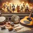 Create a visually appealing image inspired by 1800s musical styles that influenced modern genres such as country and rock music. Showcase vintage musical instruments like a classic guitar, banjo, or piano. Enhance the scene with a background of a live concert or jam session indicative of the musical era.
