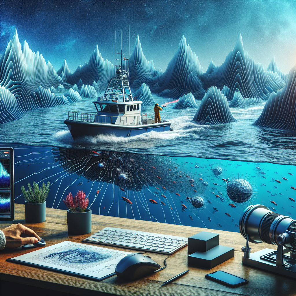 Create an appealing image illustrating the concept of sonar mapping of the ocean floor. The scene should depict a research boat with a sonar device sending out waves into the ocean depths, reflecting off various underwater features like ridges, trenches and seamounts. Make sure to replicate an advanced technology environment on the boat, with computer screens and equipment for the researchers to analyze the data. However, ensure the image is devoid of any text.