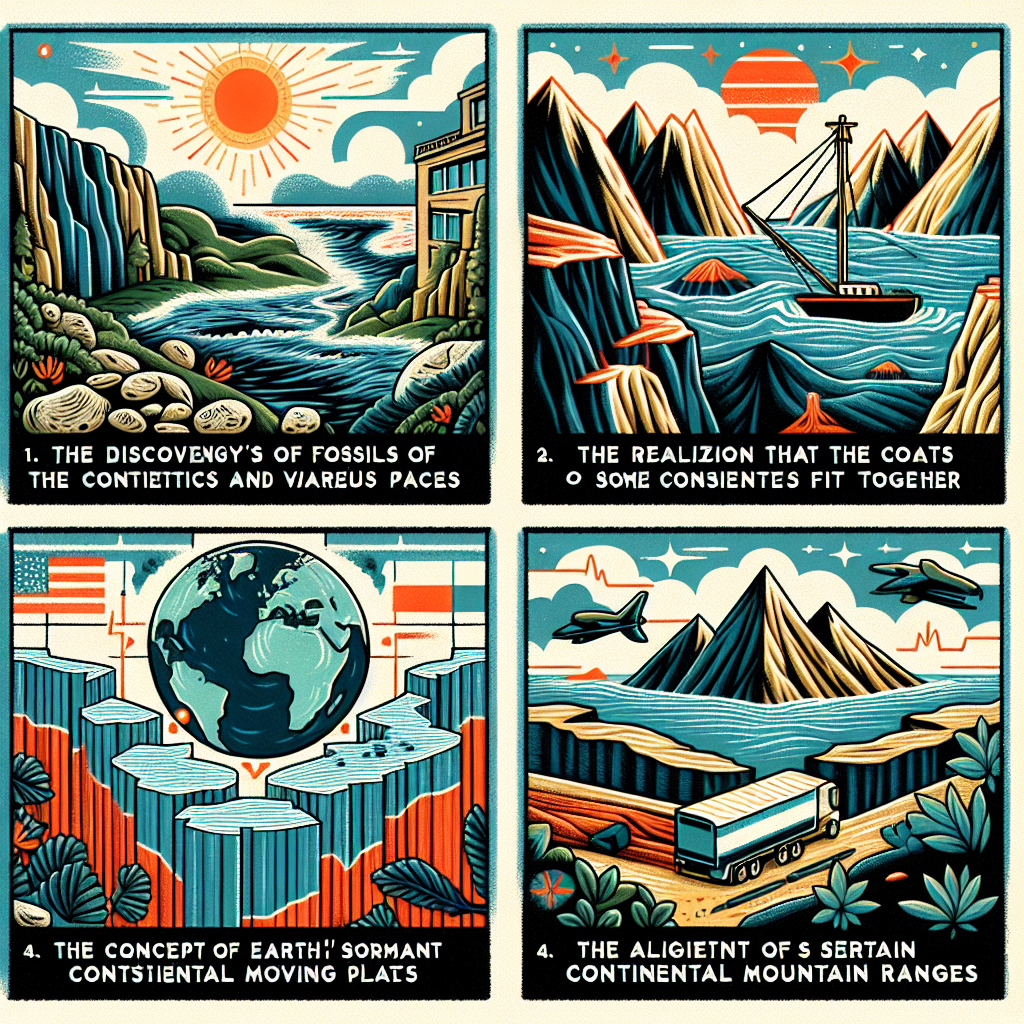 Illustrate an image showing the concept of plate tectonics and continental drift during the time of Wegener. The image should represent the four concepts mentioned in the question: The discovery of fossils in various places, the realization that the coasts of some continents fit together, the concept of Earth's crust being composed of moving plates, and the alignment of certain continental mountain ranges. Ensure the image doesn't contain any text or lettering.