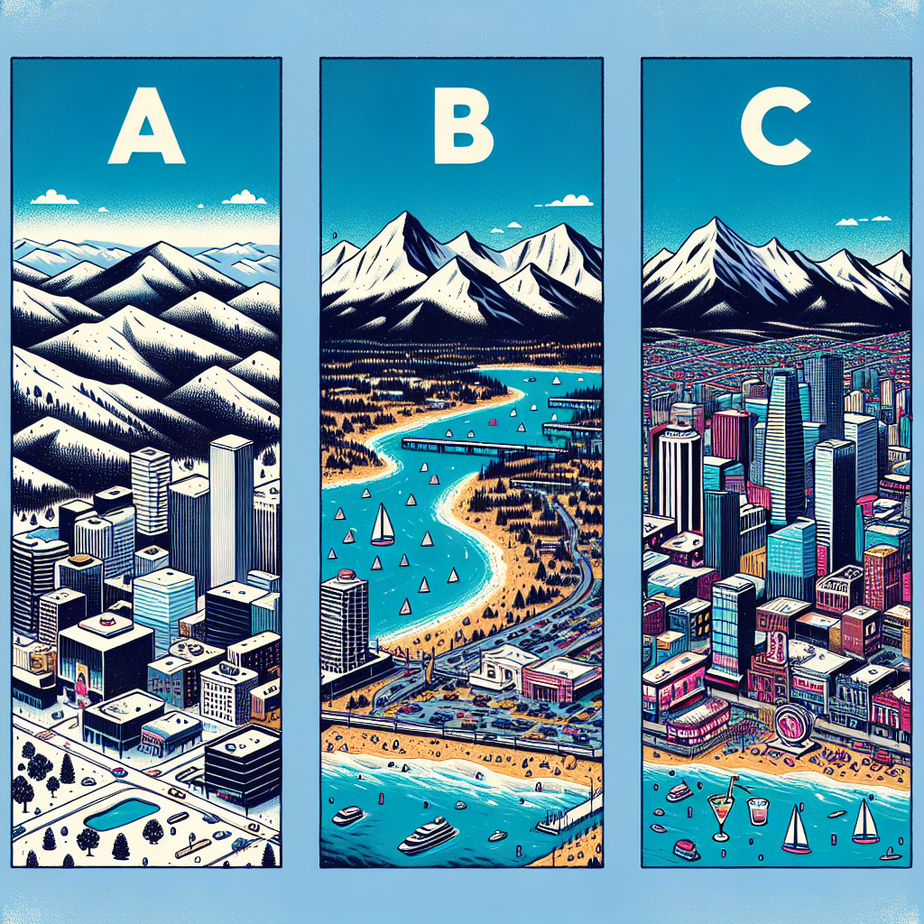 A bird's eye view of three distinctive locations labeled A, B, and C without specifically referencing the cities. Location A is replete with snowy mountains and urban city symbols, representing one of Colorado's cities like Denver, Boulder, or Ft. Collins. Location B shows another city nestled in the mountains, symbolizing another Colorado city. Location C, contrasting sharply, depicts a vibrant beachside cityscape showing nightlife symbols like music notes and cocktail glasses, symbolizing Miami. A fourth panel is left blank, signifying the decision yet to be made.