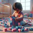 An image portraying a playful scene in a nursery room. In the scene, a South Asian toddler is playing on the floor, fully absorbed in their task of sorting wooden blocks. The blocks are brightly colored in shades of blue and pink, and the toddler is distributing them into smaller piles. A detail to be noted is the number of blocks in each pile, visual references to concepts such as the Greatest Common Factor (GCF) and the Distributive Property of multiplication over addition should be subtly incorporated in the block arrangement.